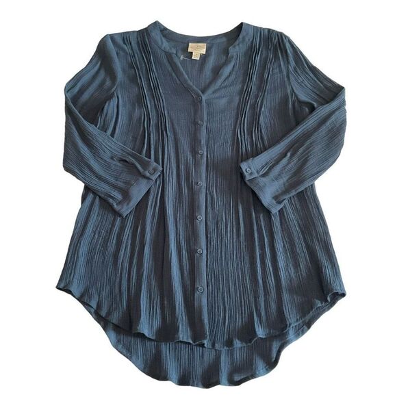 St John’s Bay Blouse Top Button Down V-neck Tunic Blue Crinkle Fabric Medium - Picture 7 of 9